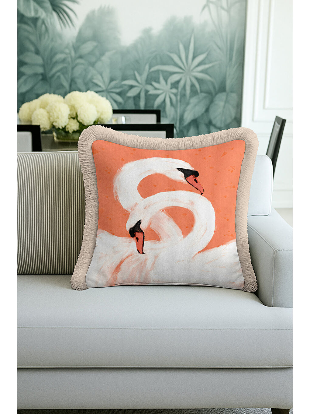 Karışık Zarif Kuğu Motifli Saçaklı Yastık Kılıfı - Pastel Romantik Bohem Şeftali Ton Püsküllü Kırlent Kılıfı-4