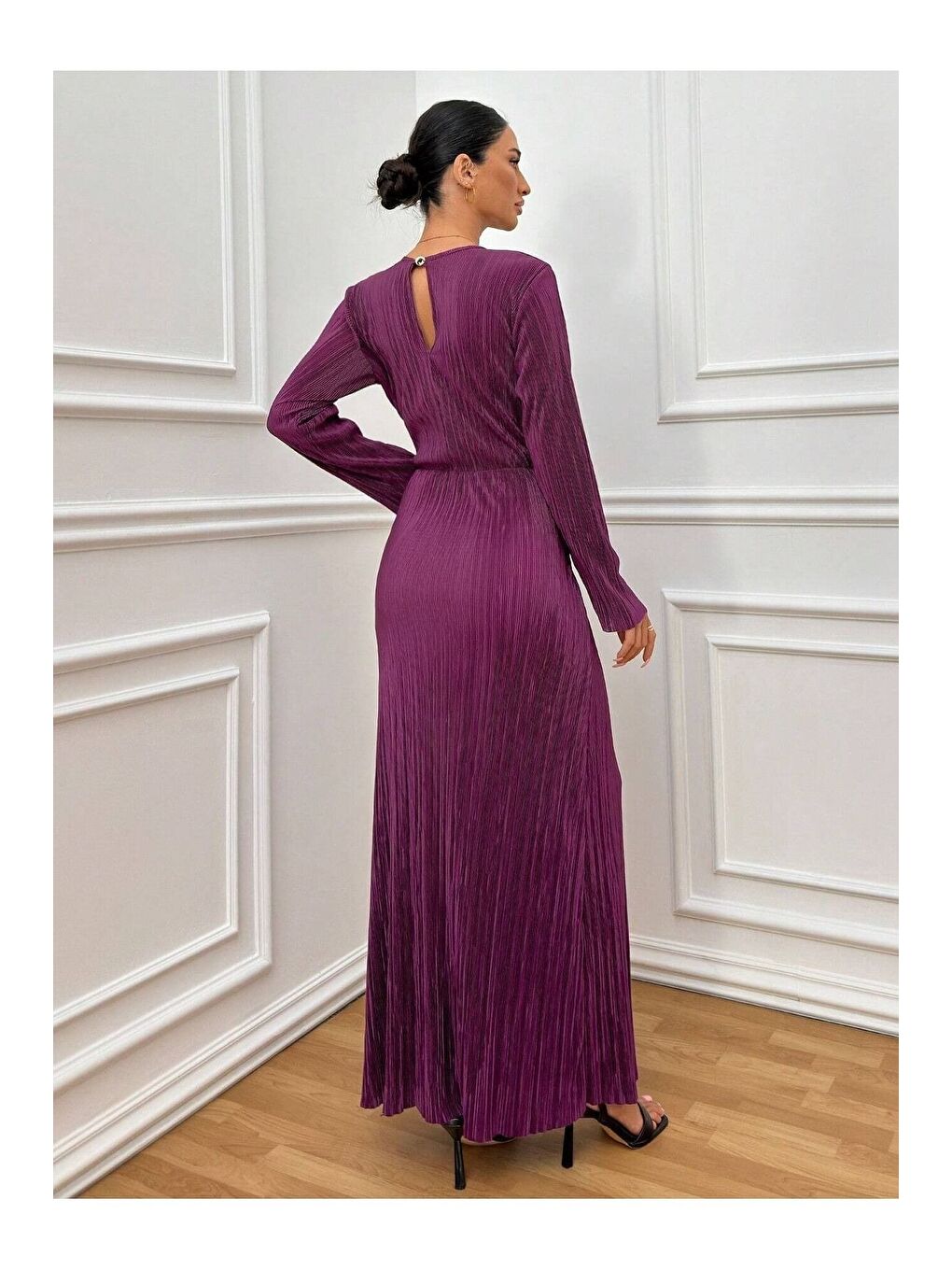 Kadın Mürdüm Bel Kuşaklı Piliseli Uzun Modest Elbise-1