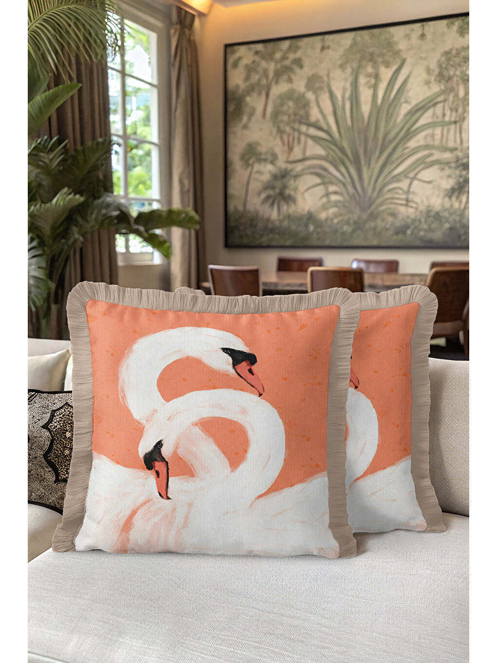 Karışık Zarif Kuğu Motifli Saçaklı Yastık Kılıfı - Pastel Romantik Bohem Şeftali Ton Püsküllü Kırlent Kılıfı-5