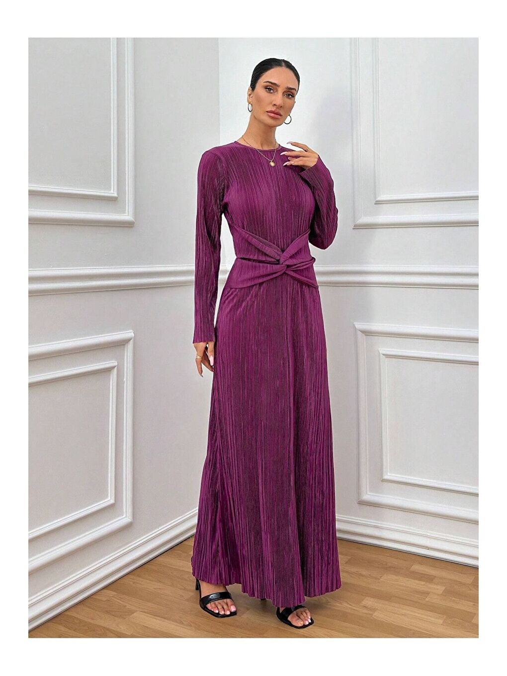 Kadın Mürdüm Bel Kuşaklı Piliseli Uzun Modest Elbise-2