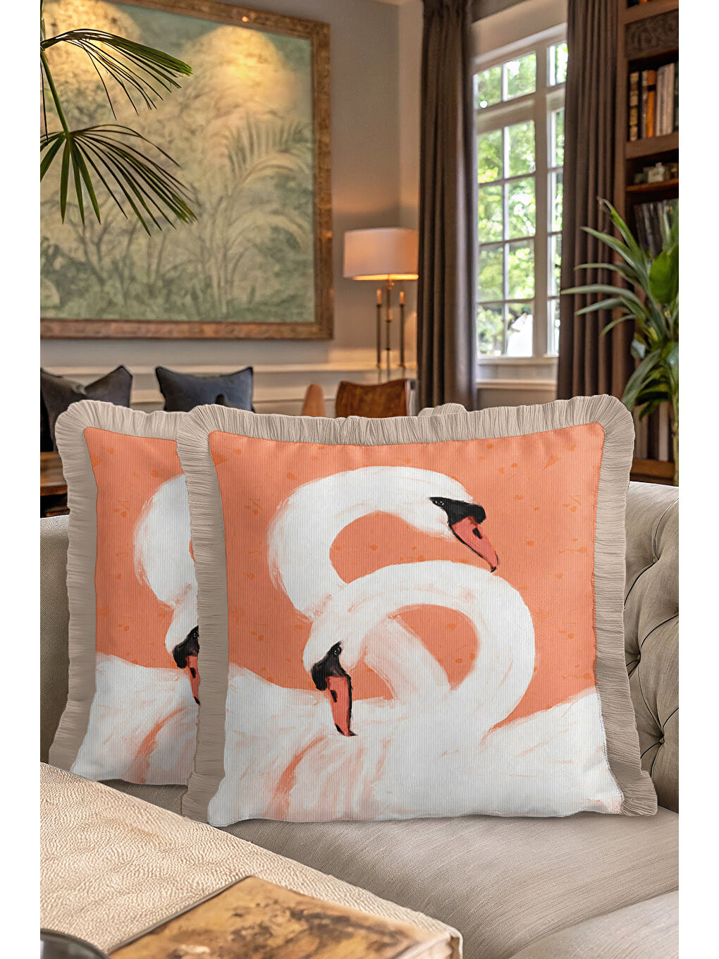 Karışık Zarif Kuğu Motifli Saçaklı Yastık Kılıfı - Pastel Romantik Bohem Şeftali Ton Püsküllü Kırlent Kılıfı-7