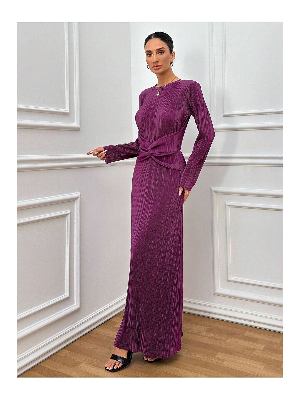 Kadın Mürdüm Bel Kuşaklı Piliseli Uzun Modest Elbise-3