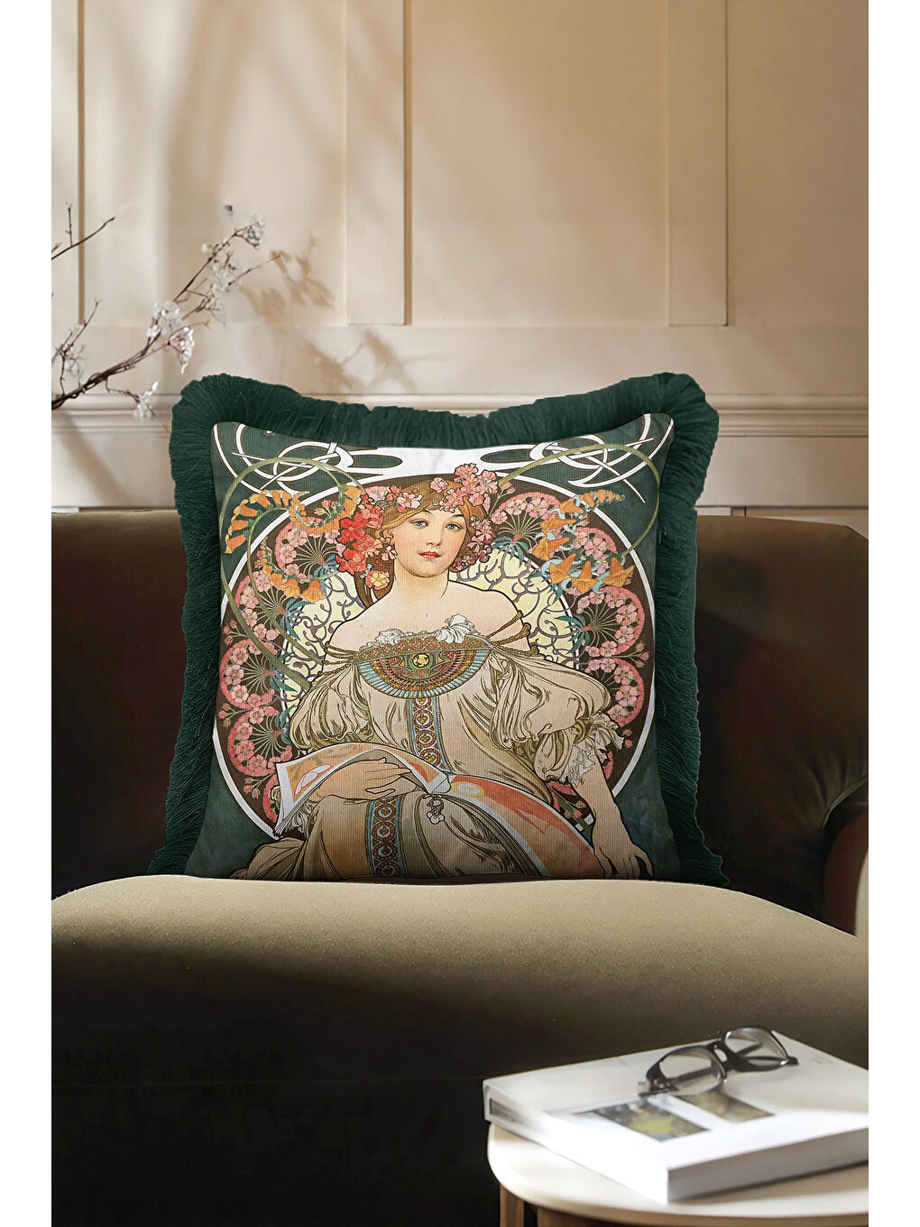 Karışık Art Nouveau Elegan Saçaklı Yastık Kılıfı - Kadın Figürlü Vintage Bohem Yeşil Püsküllü Kırlent Kılıfı