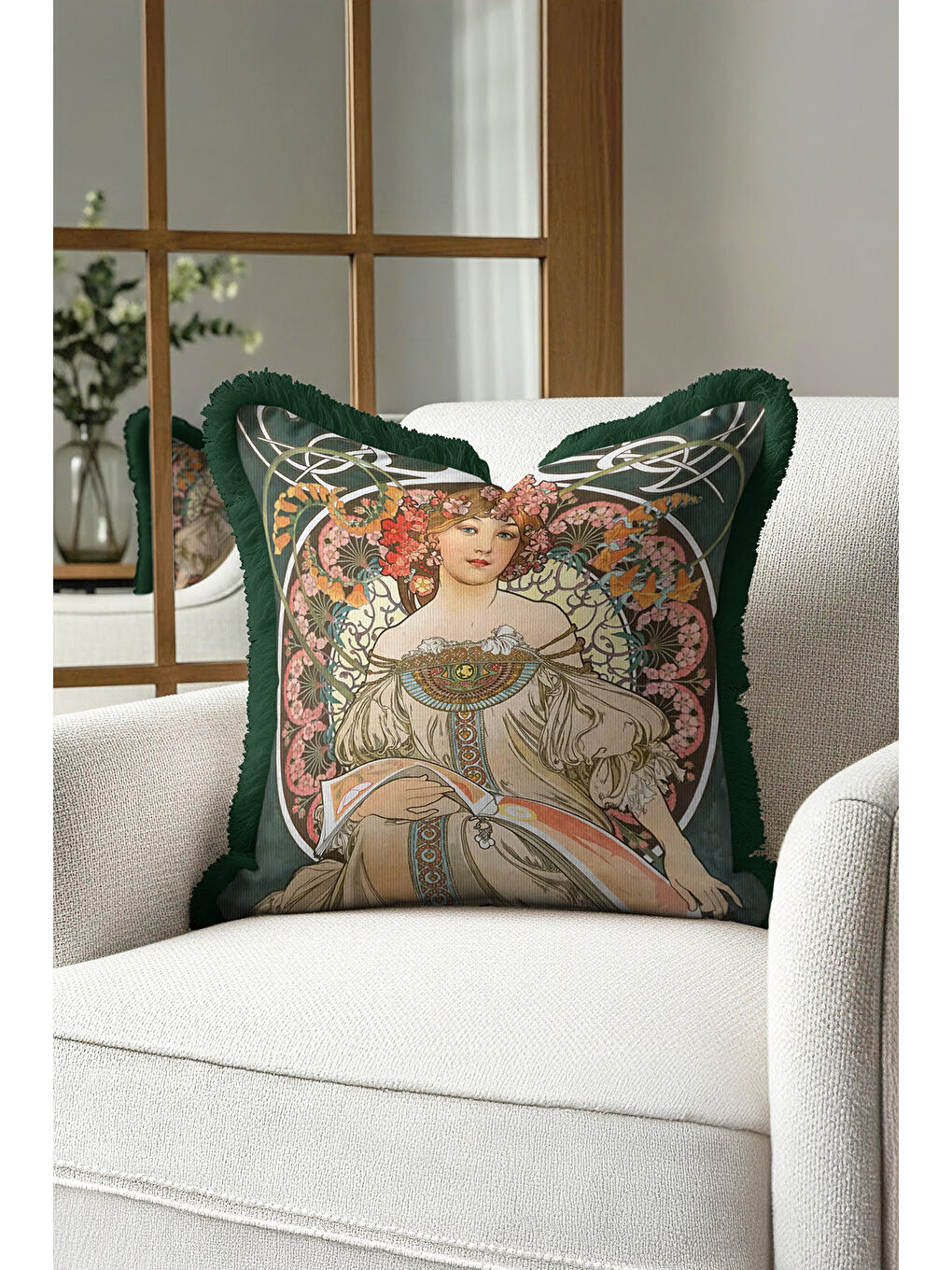 Karışık Art Nouveau Elegan Saçaklı Yastık Kılıfı - Kadın Figürlü Vintage Bohem Yeşil Püsküllü Kırlent Kılıfı-1