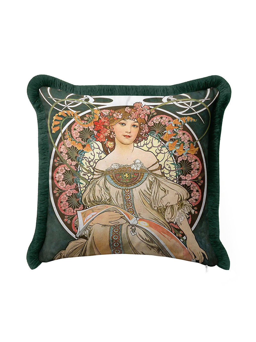 Karışık Art Nouveau Elegan Saçaklı Yastık Kılıfı - Kadın Figürlü Vintage Bohem Yeşil Püsküllü Kırlent Kılıfı-2