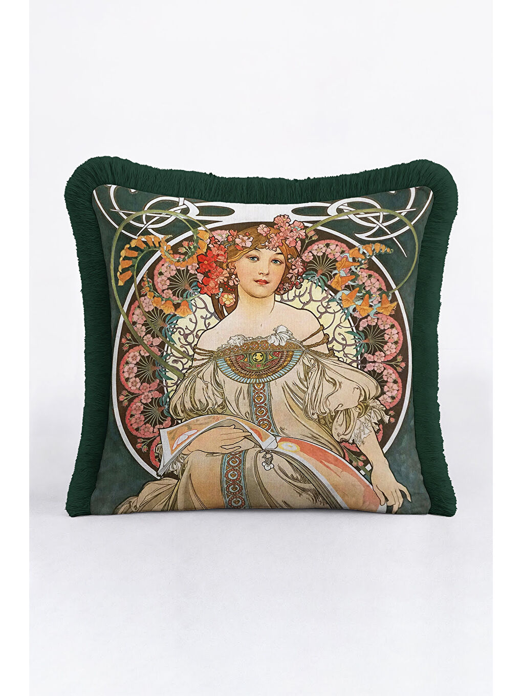 Karışık Art Nouveau Elegan Saçaklı Yastık Kılıfı - Kadın Figürlü Vintage Bohem Yeşil Püsküllü Kırlent Kılıfı-3
