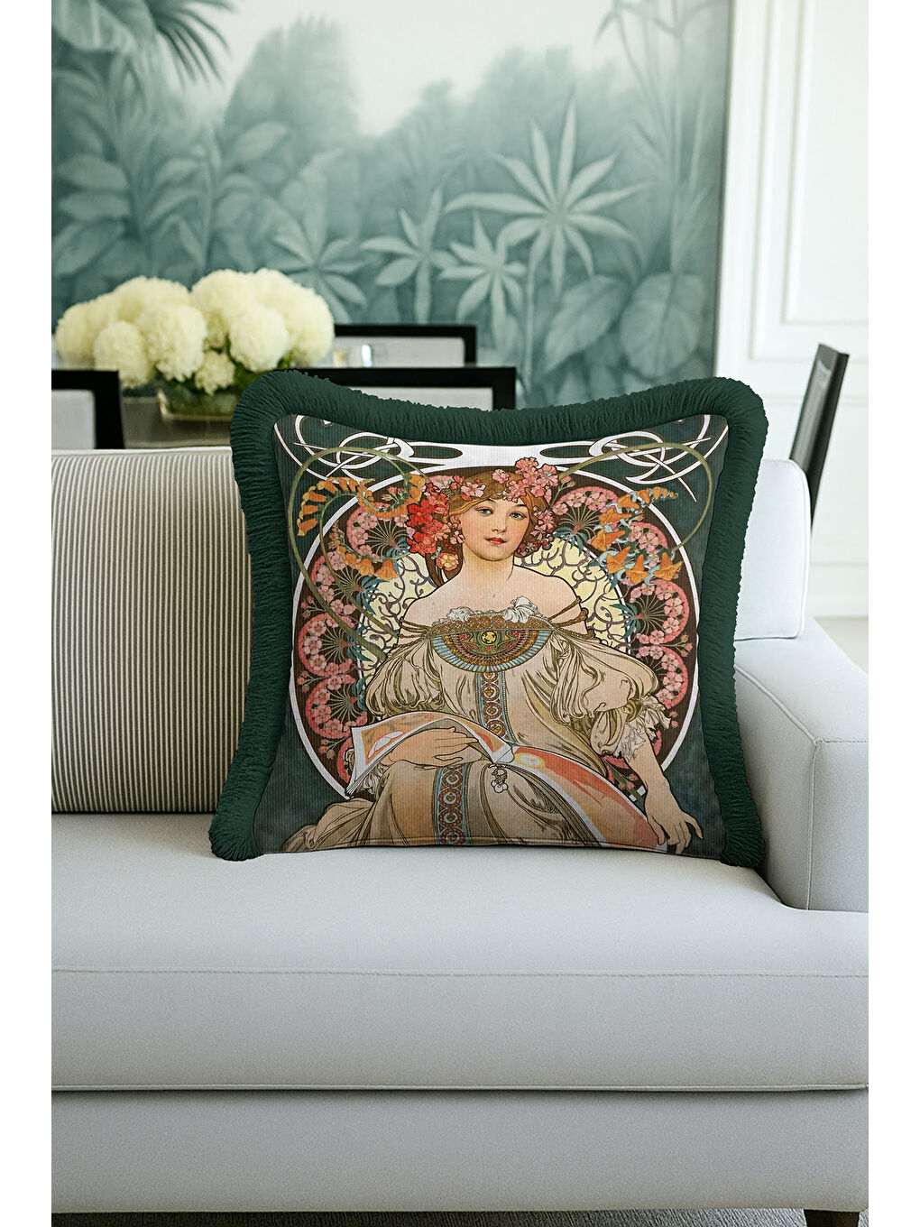 Karışık Art Nouveau Elegan Saçaklı Yastık Kılıfı - Kadın Figürlü Vintage Bohem Yeşil Püsküllü Kırlent Kılıfı-4