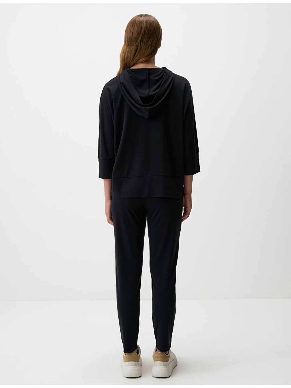 Siyah Bol Kesim Truvakar Kol Kapüşonlu Örme Sweatshirt-5