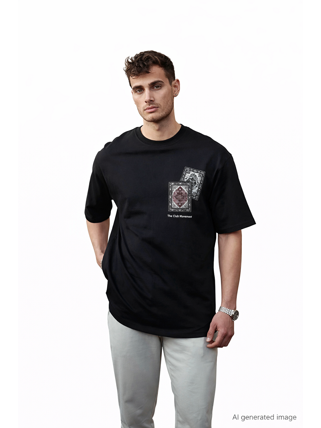 Unisex Bisiklet Yaka Baskılı Oversize T-Shirt - Siyah-1