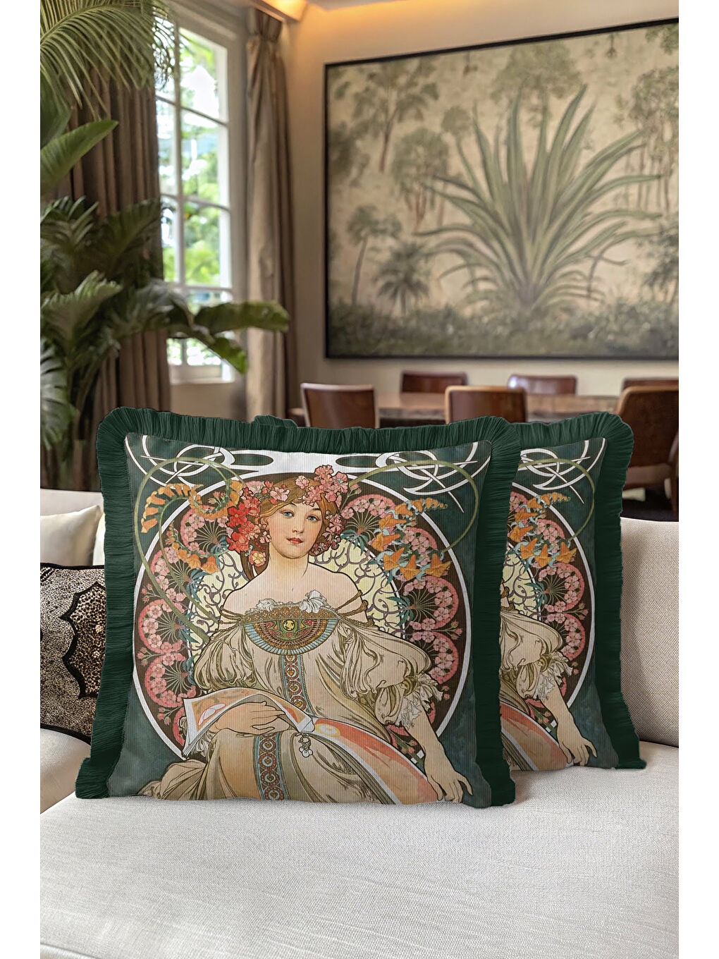 Karışık Art Nouveau Elegan Saçaklı Yastık Kılıfı - Kadın Figürlü Vintage Bohem Yeşil Püsküllü Kırlent Kılıfı-5