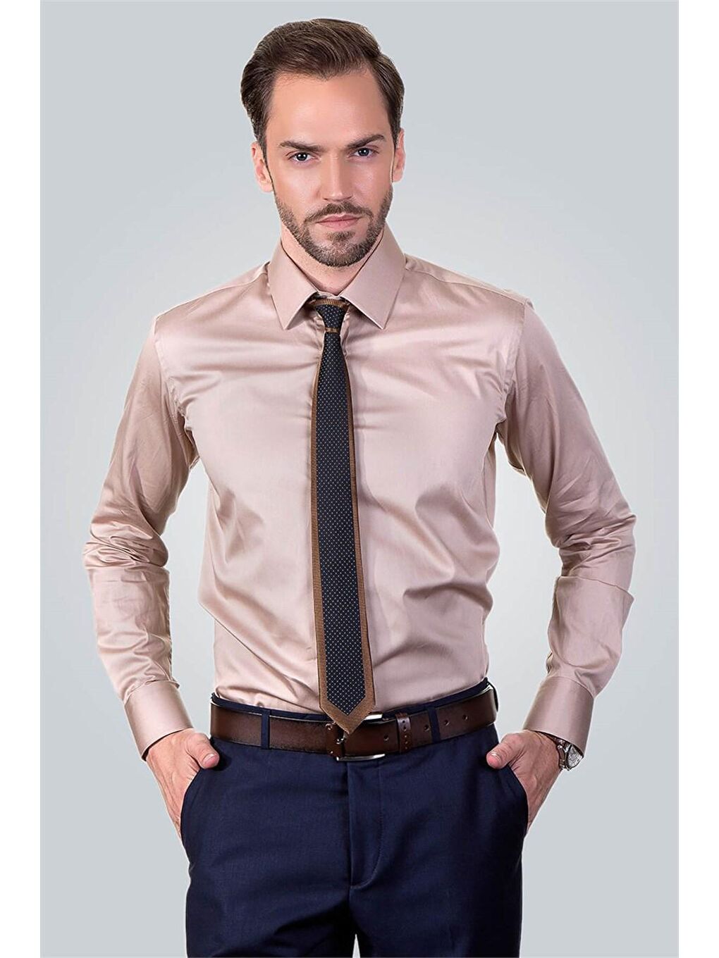 Kahverengi Modern Slim Fit Pamuk Saten Erkek Dore Gömlek