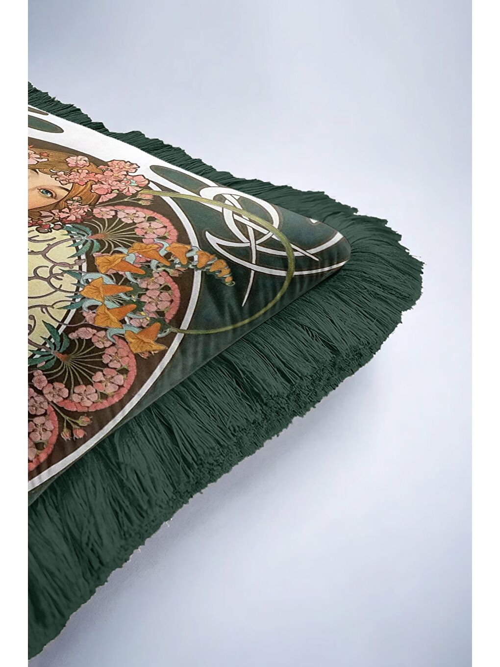 Karışık Art Nouveau Elegan Saçaklı Yastık Kılıfı - Kadın Figürlü Vintage Bohem Yeşil Püsküllü Kırlent Kılıfı-6