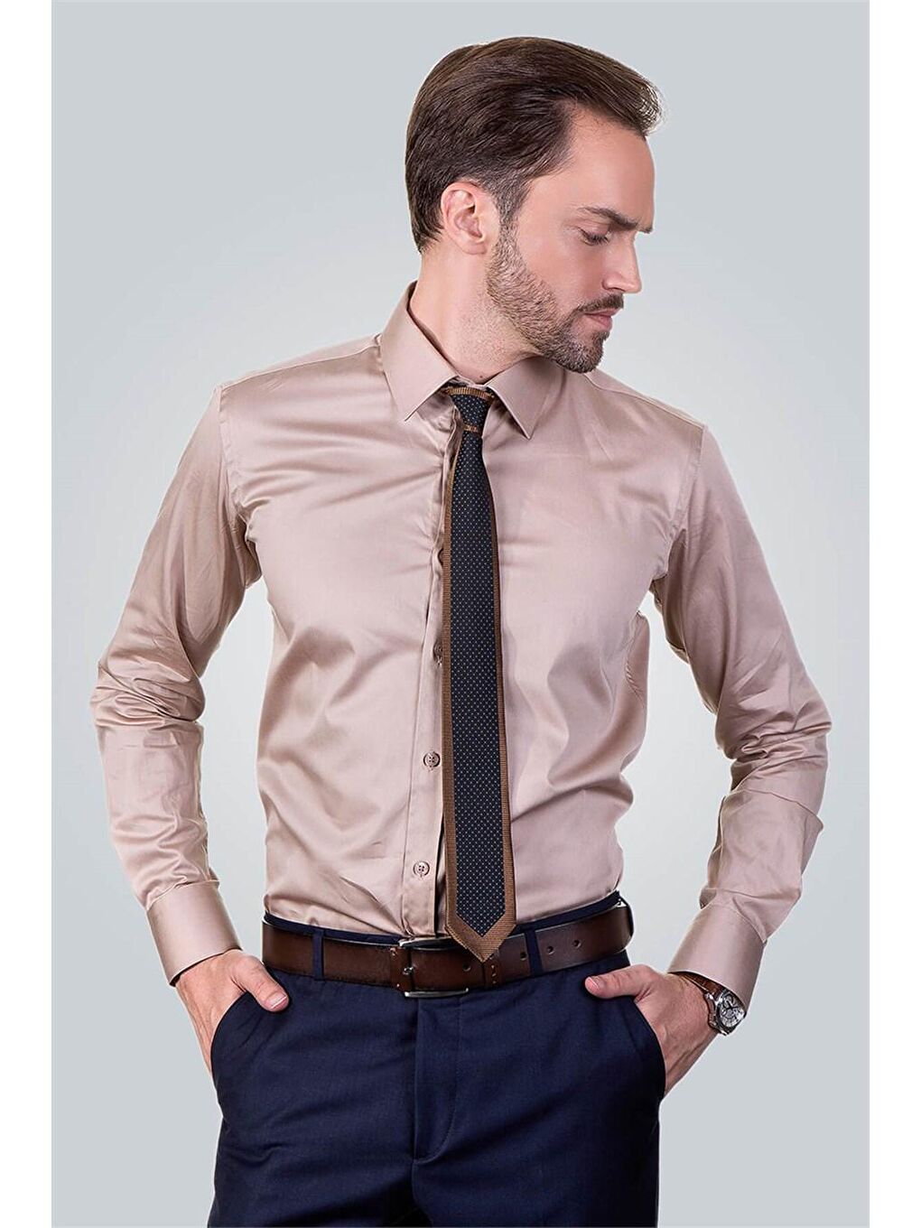 Kahverengi Modern Slim Fit Pamuk Saten Erkek Dore Gömlek-1