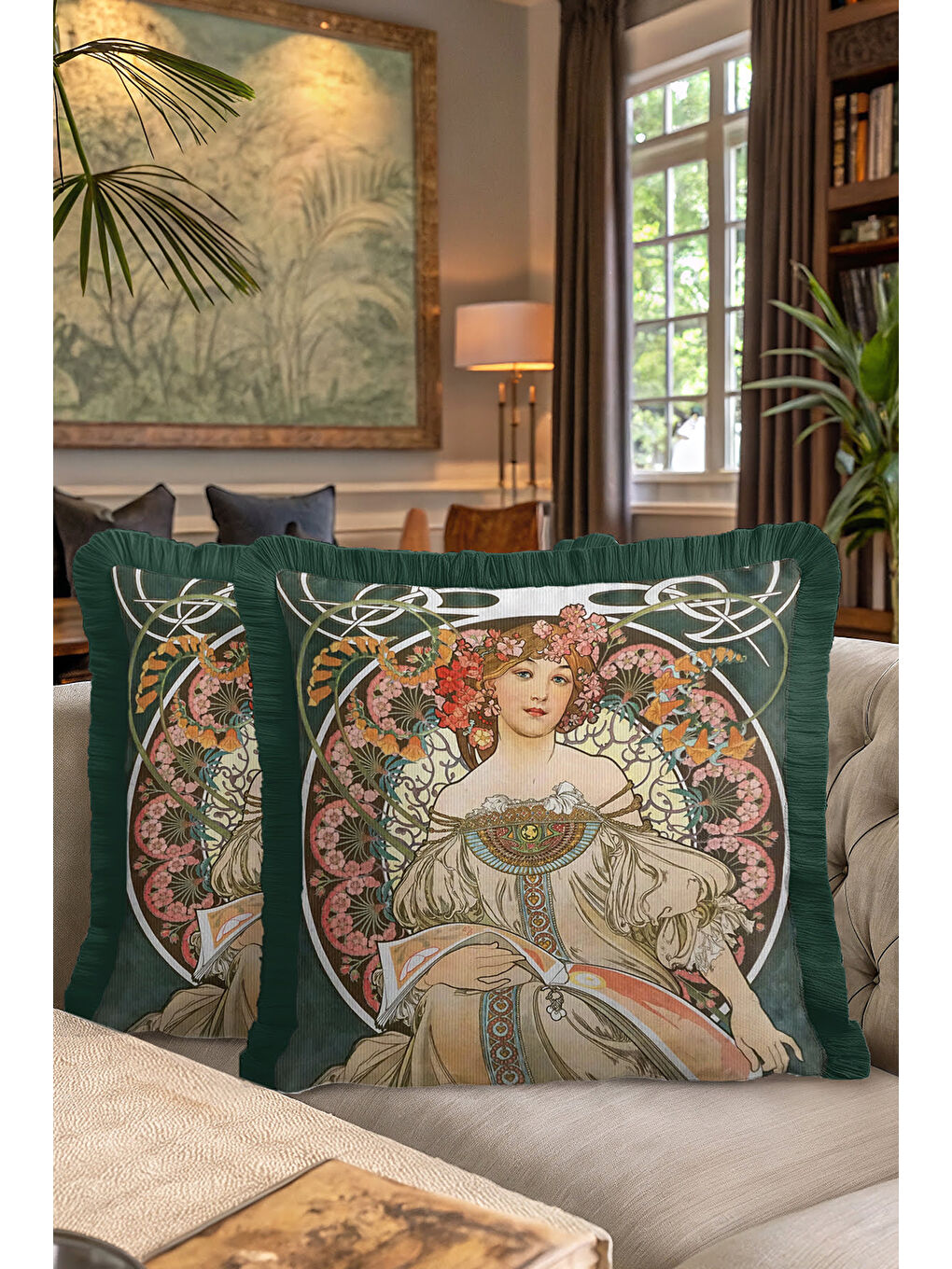 Karışık Art Nouveau Elegan Saçaklı Yastık Kılıfı - Kadın Figürlü Vintage Bohem Yeşil Püsküllü Kırlent Kılıfı-7
