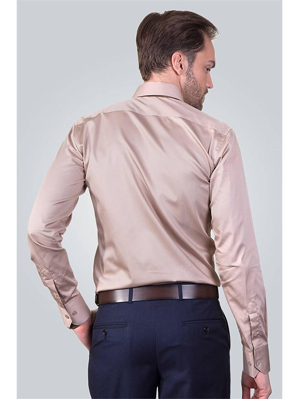 Kahverengi Modern Slim Fit Pamuk Saten Erkek Dore Gömlek-3