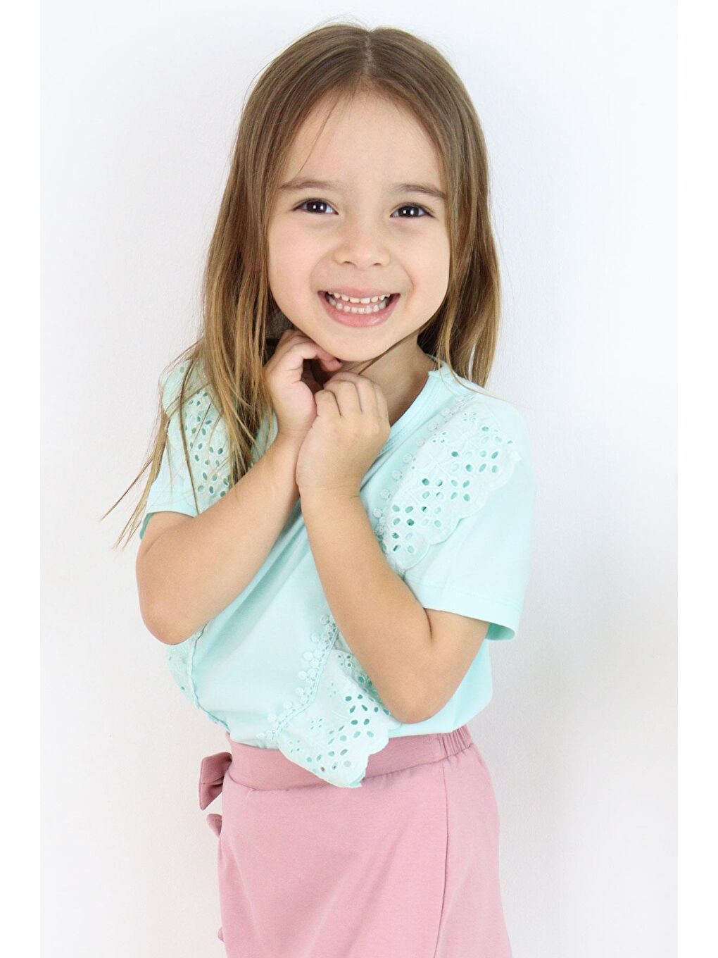 Turkuaz Kız Çocuk Tişört Güpürlü Çiçekleri Nakışlı Su Yeşili (1.5-5 Yaş)-1