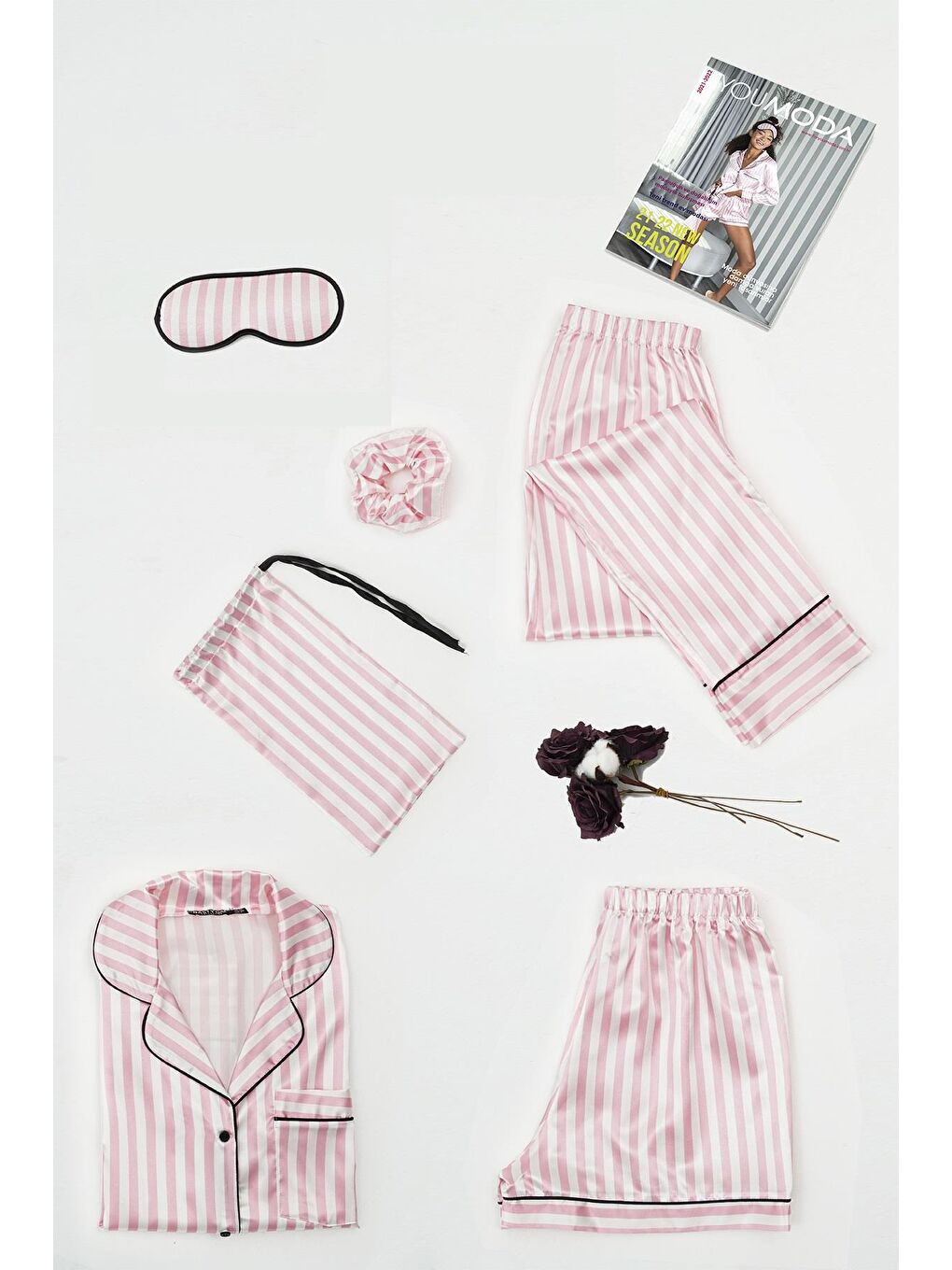 6'Lı Saten Pembe Beyaz Çizgili Pijama Takımı