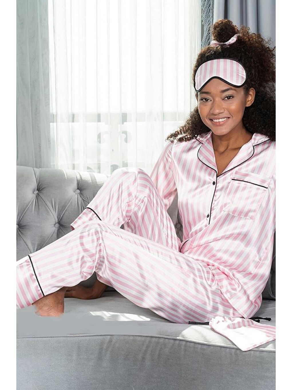 6'Lı Saten Pembe Beyaz Çizgili Pijama Takımı-4