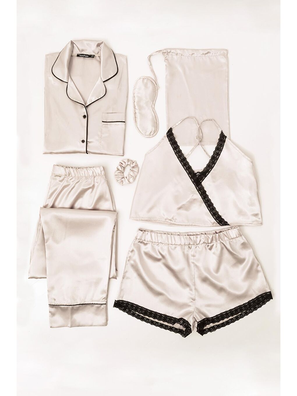 7'Li Dantelli Gri Saten Pijama Takımı