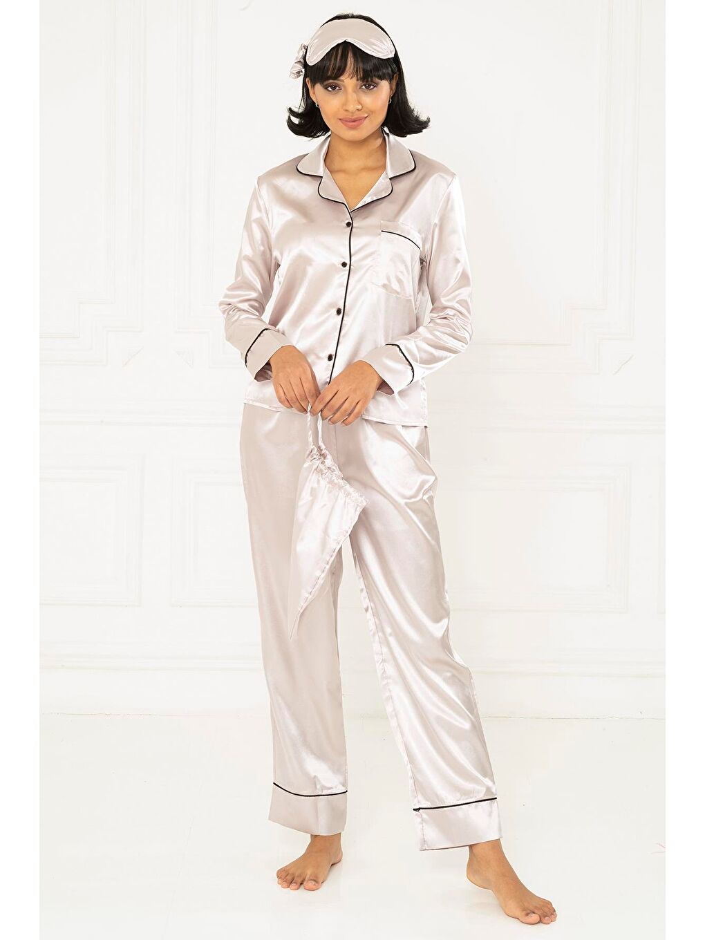 7'Li Dantelli Gri Saten Pijama Takımı-1