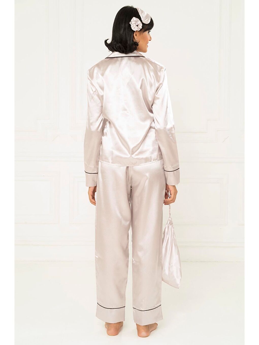 7'Li Dantelli Gri Saten Pijama Takımı-2