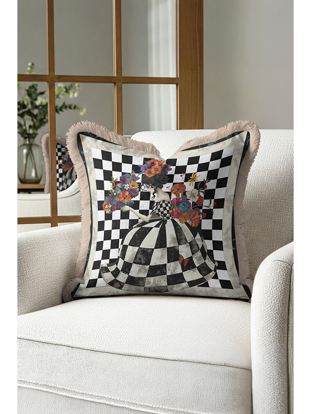 Karışık Sanatsal Vizyon Saçaklı Yastık Kılıfı - Çiçekli Vintage Bohem Siyah Beyaz Püsküllü Kırlent Kılıfı-1
