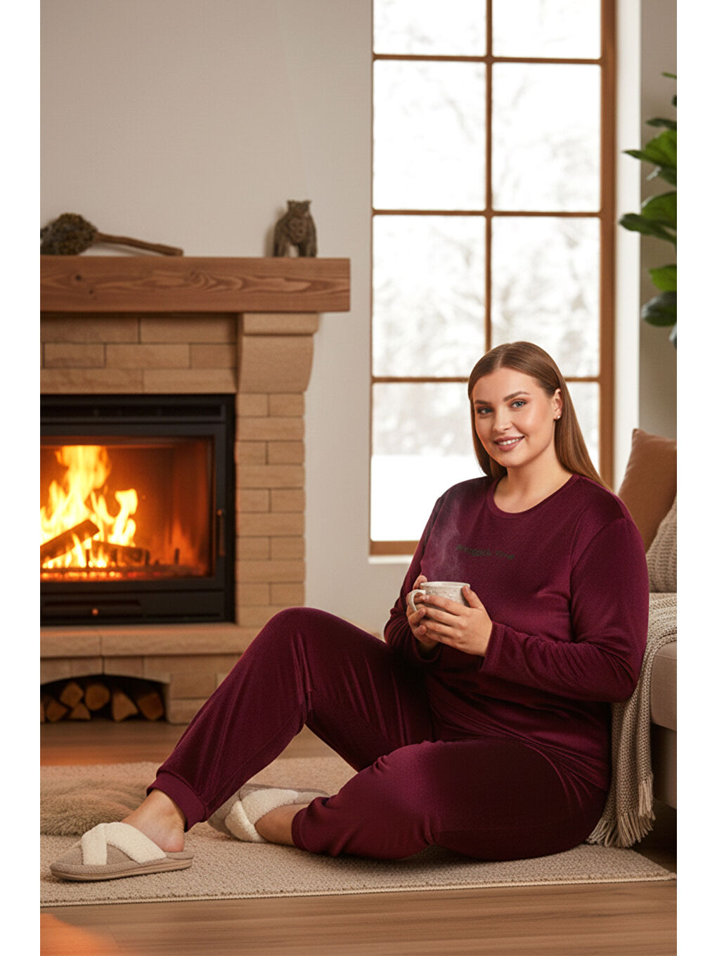 Büyük Beden Kadın Kadife Kumaş Pijama Takımı 13212 Mürdüm