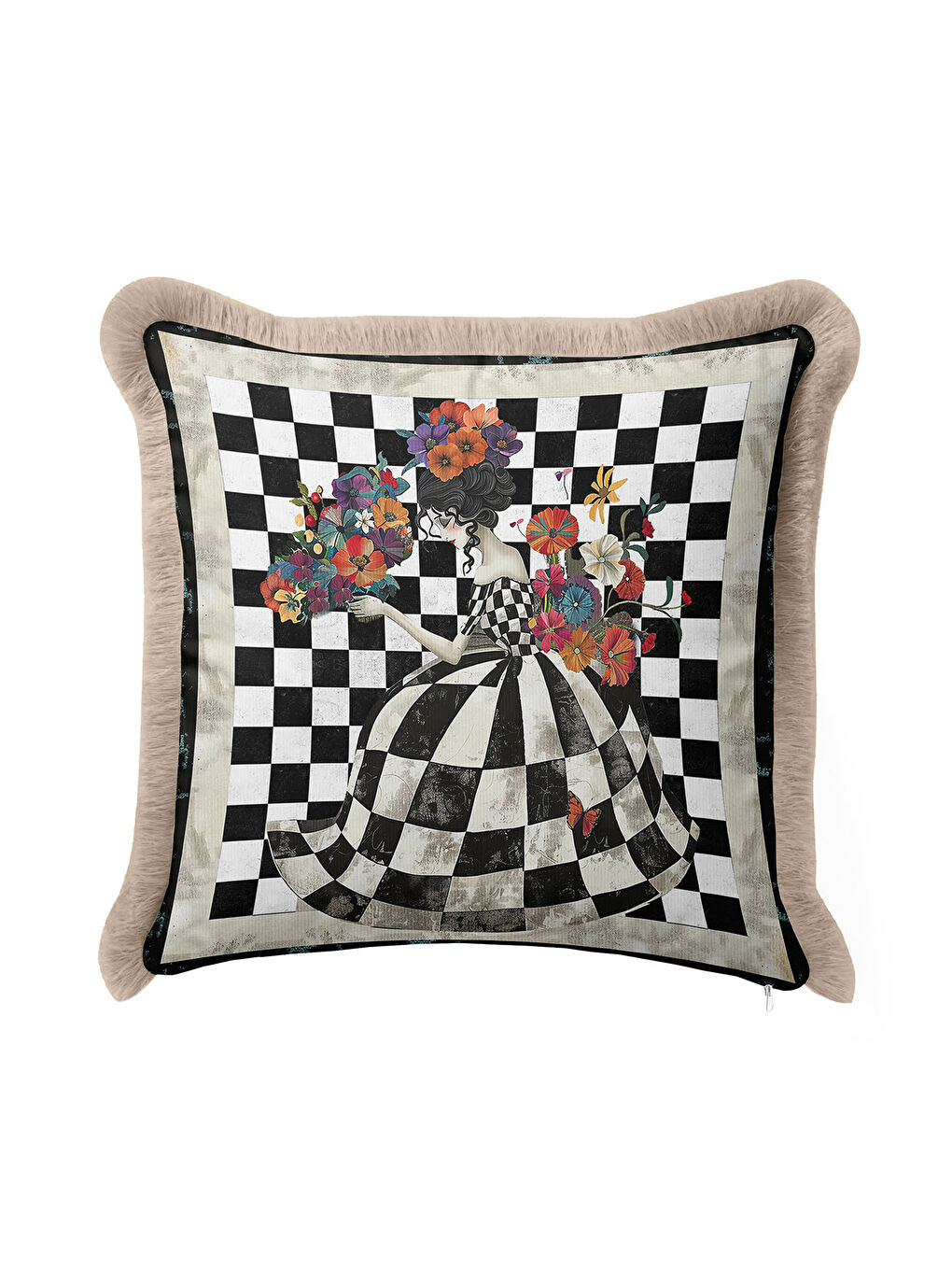 Karışık Sanatsal Vizyon Saçaklı Yastık Kılıfı - Çiçekli Vintage Bohem Siyah Beyaz Püsküllü Kırlent Kılıfı-2