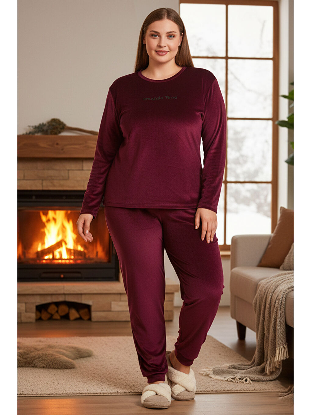 Büyük Beden Kadın Kadife Kumaş Pijama Takımı 13212 Mürdüm-2