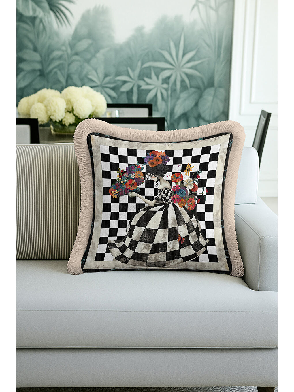Karışık Sanatsal Vizyon Saçaklı Yastık Kılıfı - Çiçekli Vintage Bohem Siyah Beyaz Püsküllü Kırlent Kılıfı-3