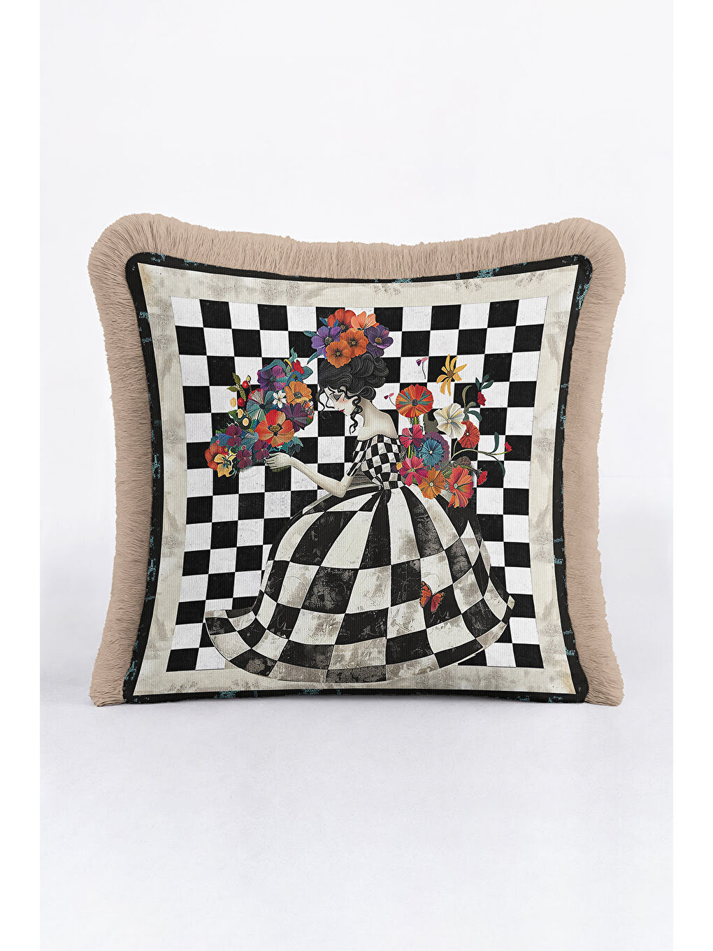 Karışık Sanatsal Vizyon Saçaklı Yastık Kılıfı - Çiçekli Vintage Bohem Siyah Beyaz Püsküllü Kırlent Kılıfı-4
