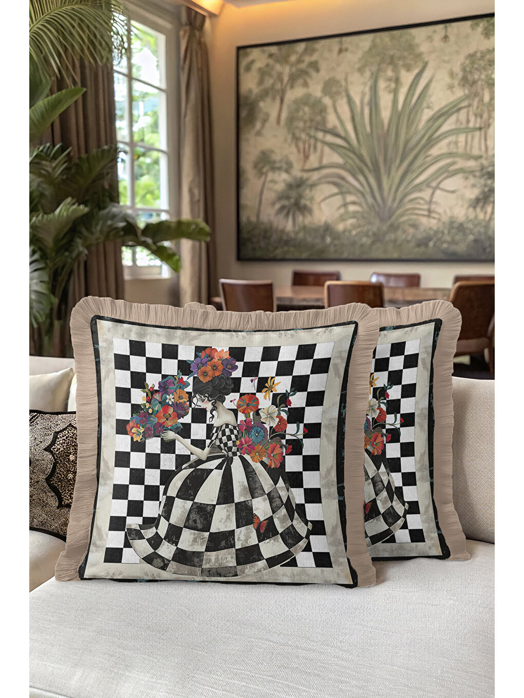 Karışık Sanatsal Vizyon Saçaklı Yastık Kılıfı - Çiçekli Vintage Bohem Siyah Beyaz Püsküllü Kırlent Kılıfı-5
