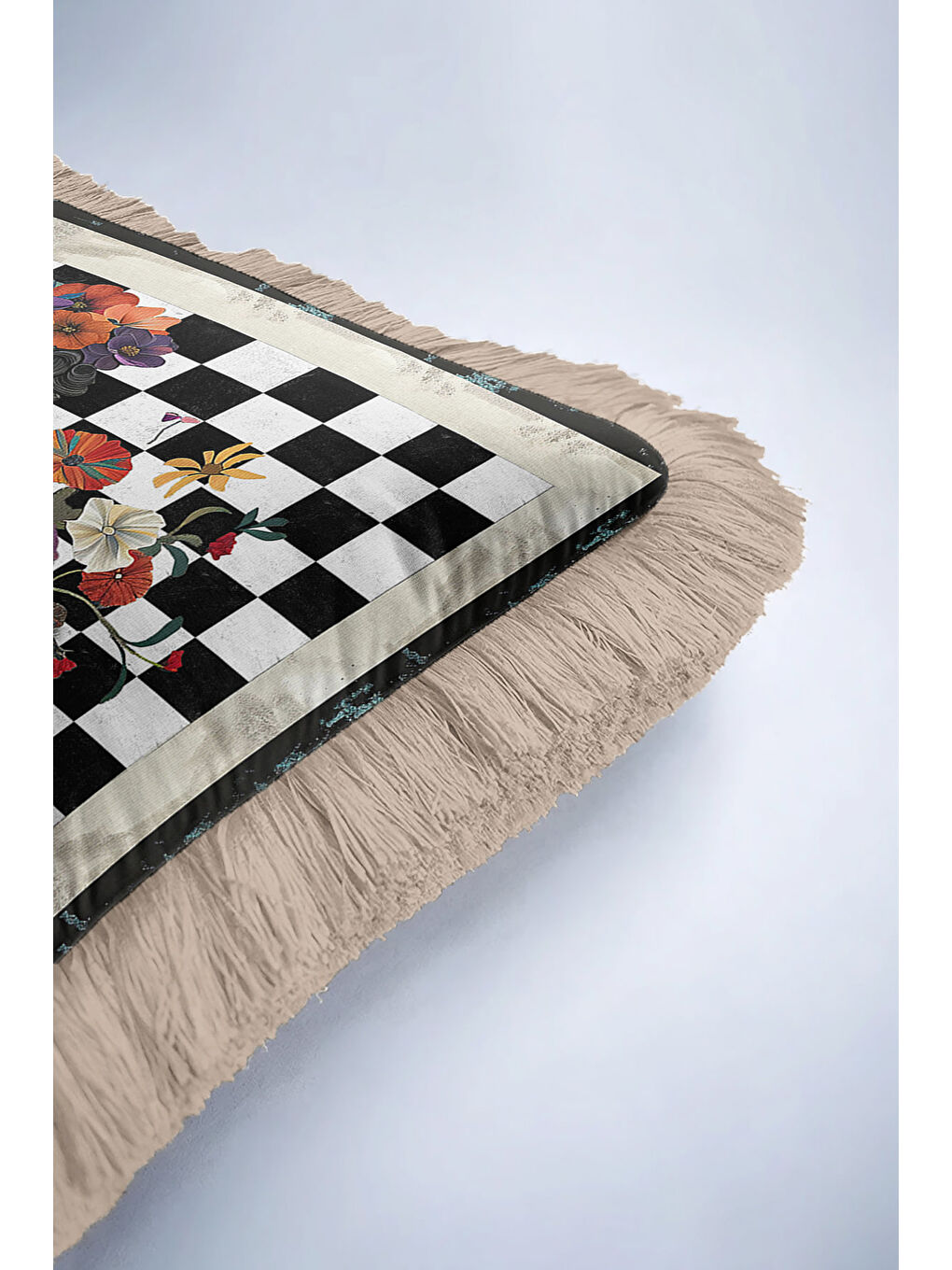 Karışık Sanatsal Vizyon Saçaklı Yastık Kılıfı - Çiçekli Vintage Bohem Siyah Beyaz Püsküllü Kırlent Kılıfı-6