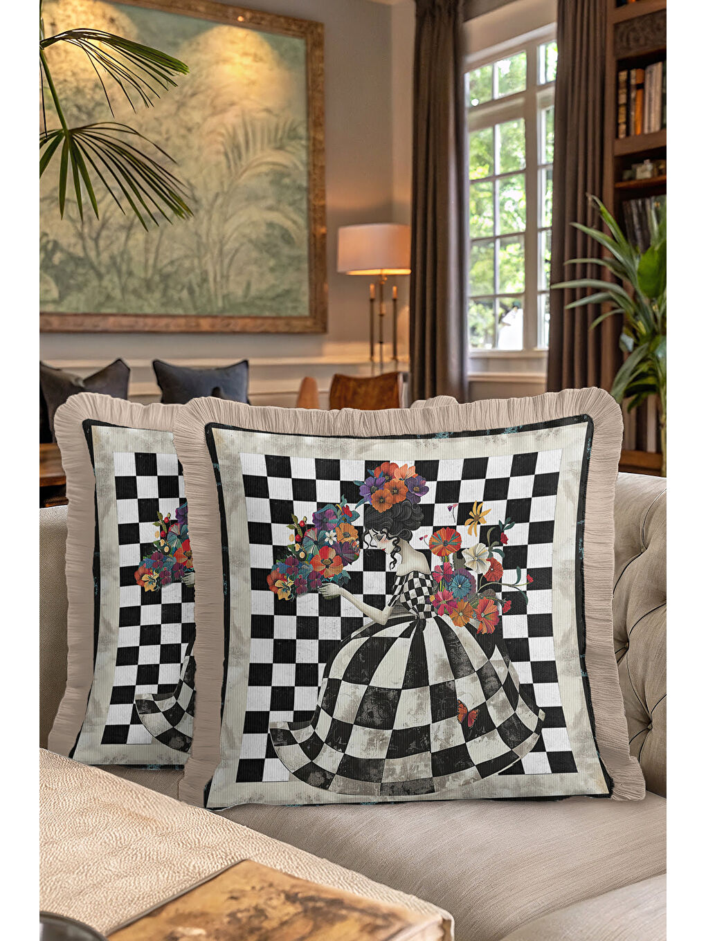 Karışık Sanatsal Vizyon Saçaklı Yastık Kılıfı - Çiçekli Vintage Bohem Siyah Beyaz Püsküllü Kırlent Kılıfı-7
