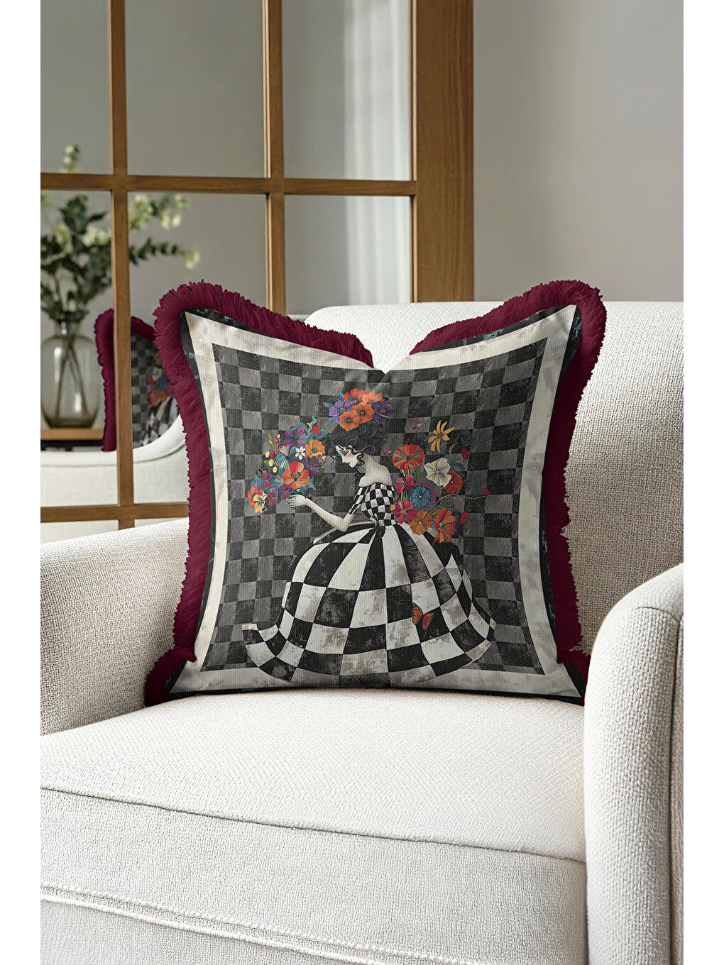 Karışık Saray Esintili Saçaklı Yastık Kılıfı - Sanatsal Bohem Siyah Beyaz Bordo Püsküllü Kırlent Kılıfı