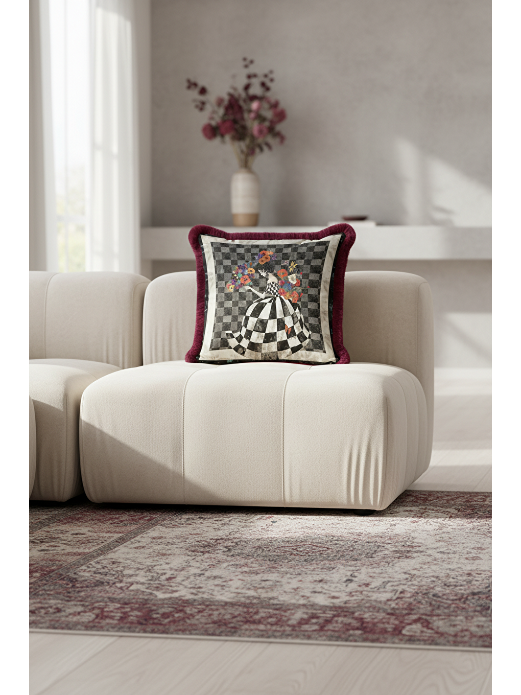 Karışık Saray Esintili Saçaklı Yastık Kılıfı - Sanatsal Bohem Siyah Beyaz Bordo Püsküllü Kırlent Kılıfı-1