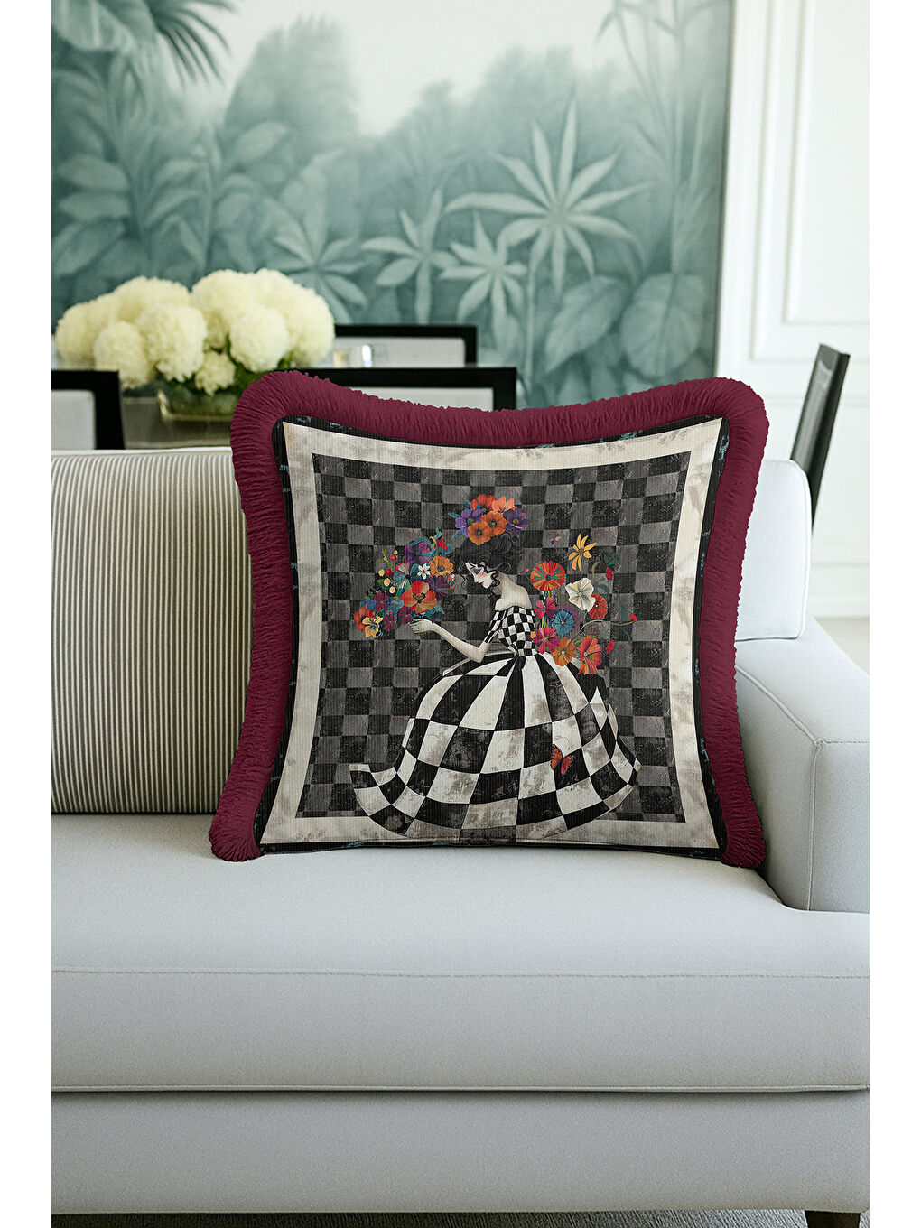 Karışık Saray Esintili Saçaklı Yastık Kılıfı - Sanatsal Bohem Siyah Beyaz Bordo Püsküllü Kırlent Kılıfı-2