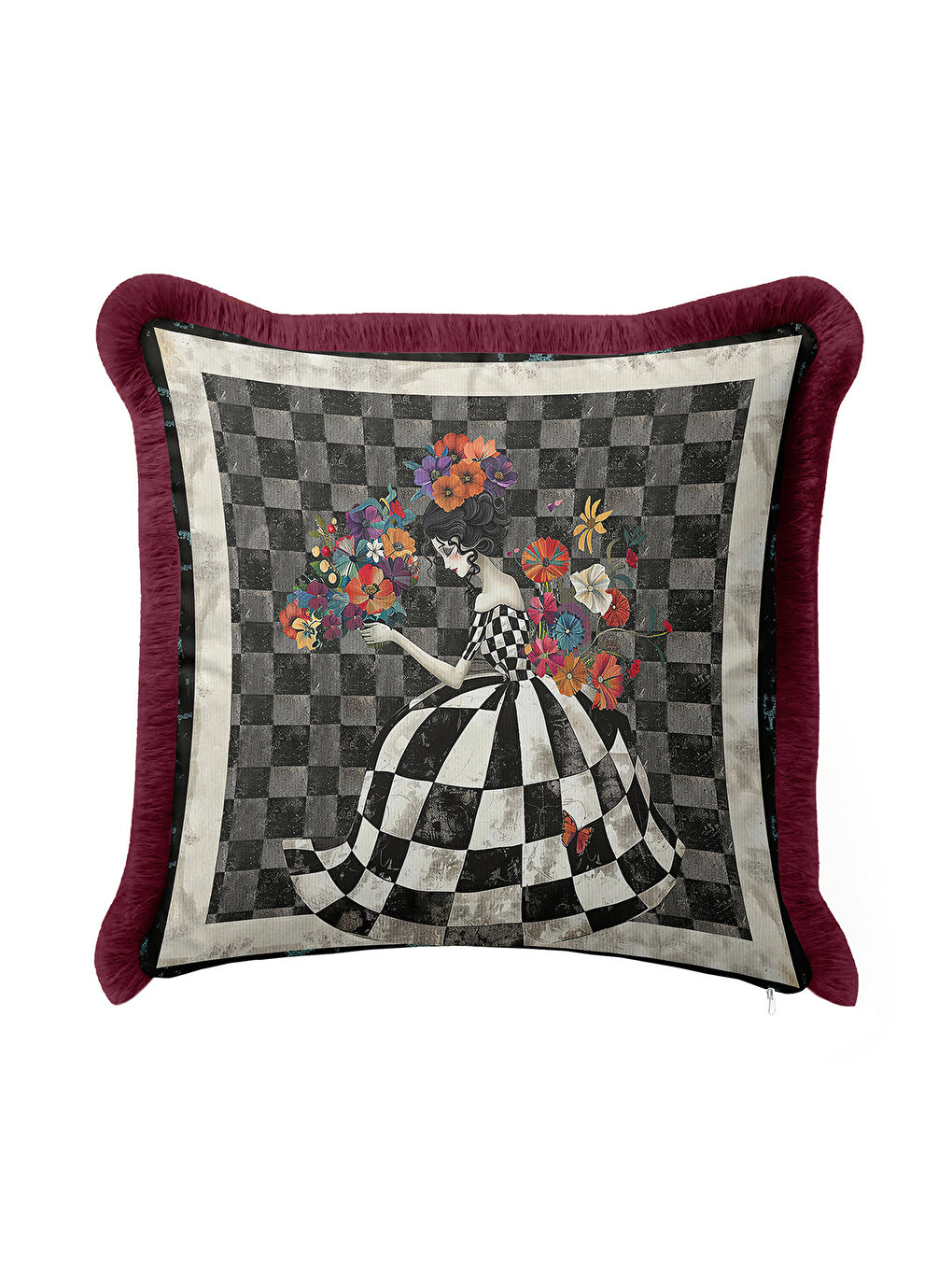 Karışık Saray Esintili Saçaklı Yastık Kılıfı - Sanatsal Bohem Siyah Beyaz Bordo Püsküllü Kırlent Kılıfı-3