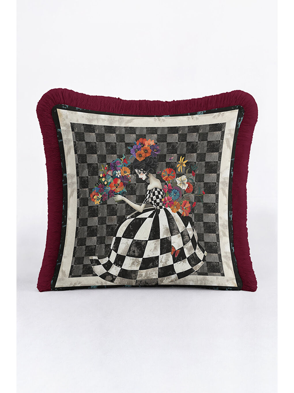 Karışık Saray Esintili Saçaklı Yastık Kılıfı - Sanatsal Bohem Siyah Beyaz Bordo Püsküllü Kırlent Kılıfı-4
