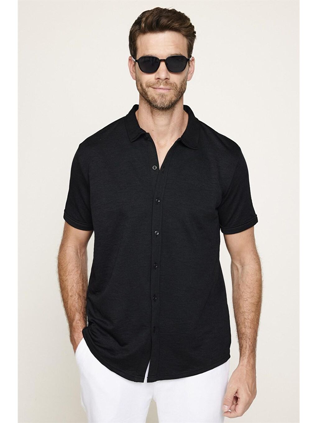 Erkek Slim Fit Kısa Kollu Desenli  Örme  Siyah Gömlek-2