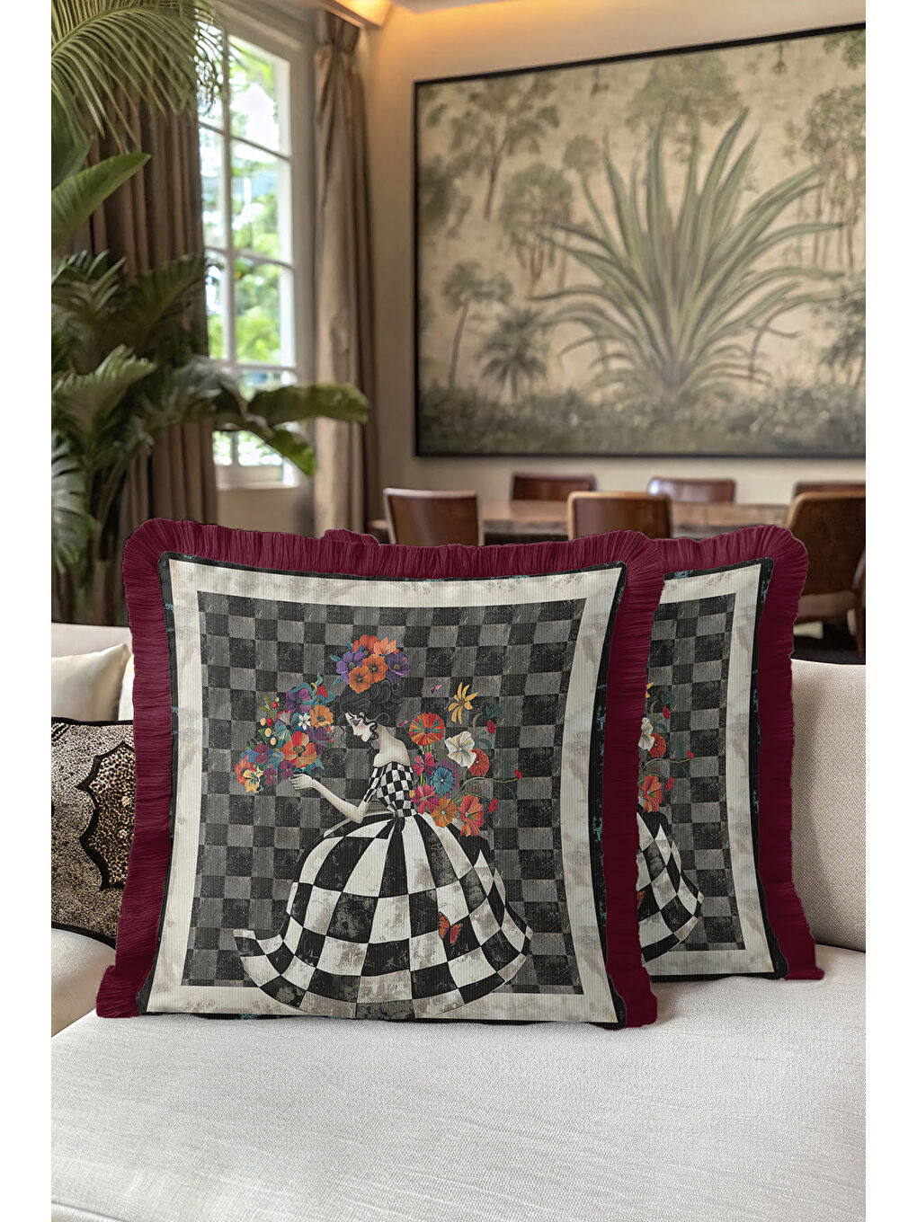 Karışık Saray Esintili Saçaklı Yastık Kılıfı - Sanatsal Bohem Siyah Beyaz Bordo Püsküllü Kırlent Kılıfı-5