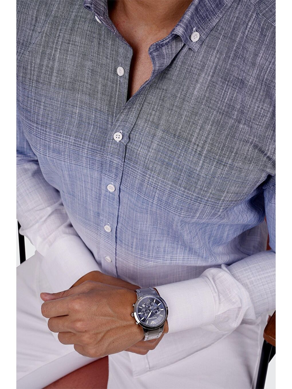 Panolu Mavi Gri Geçişli Keten Erkek Gömlek