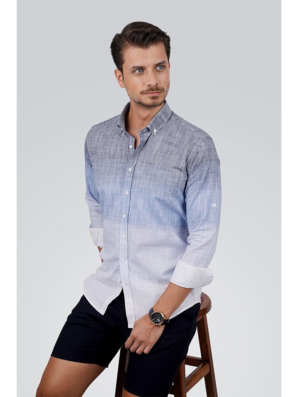 Panolu Mavi Gri Geçişli Keten Erkek Gömlek-1