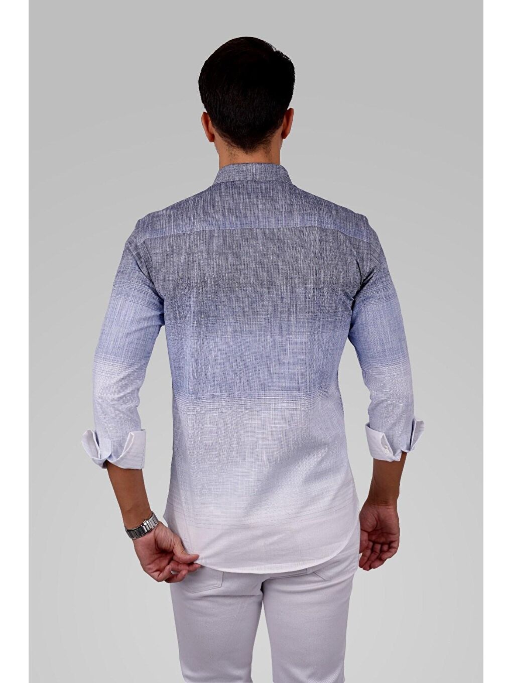 Panolu Mavi Gri Geçişli Keten Erkek Gömlek-6
