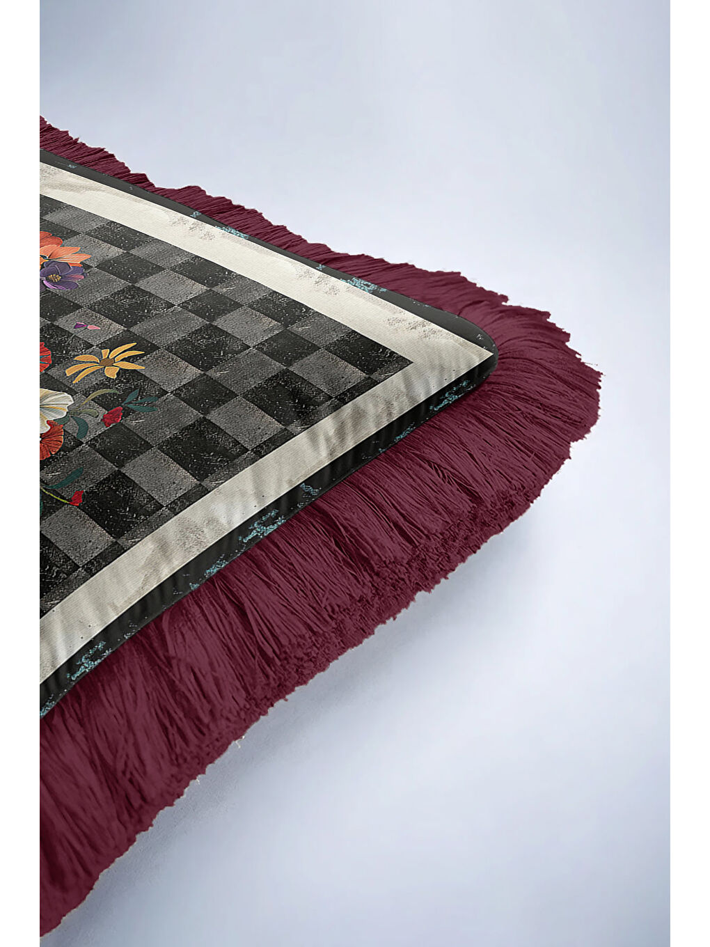 Karışık Saray Esintili Saçaklı Yastık Kılıfı - Sanatsal Bohem Siyah Beyaz Bordo Püsküllü Kırlent Kılıfı-6