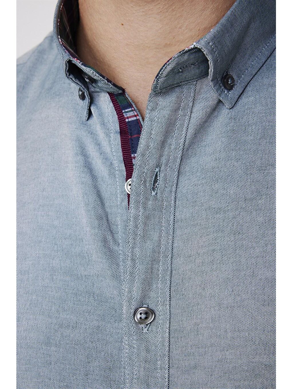 Erkek Slim Fit Dar Kesim Kısa Kollu Pamuklu Oxford Doku Kolay Ütülenebilir Yeşil Düğmeli Yaka Gömlek-3