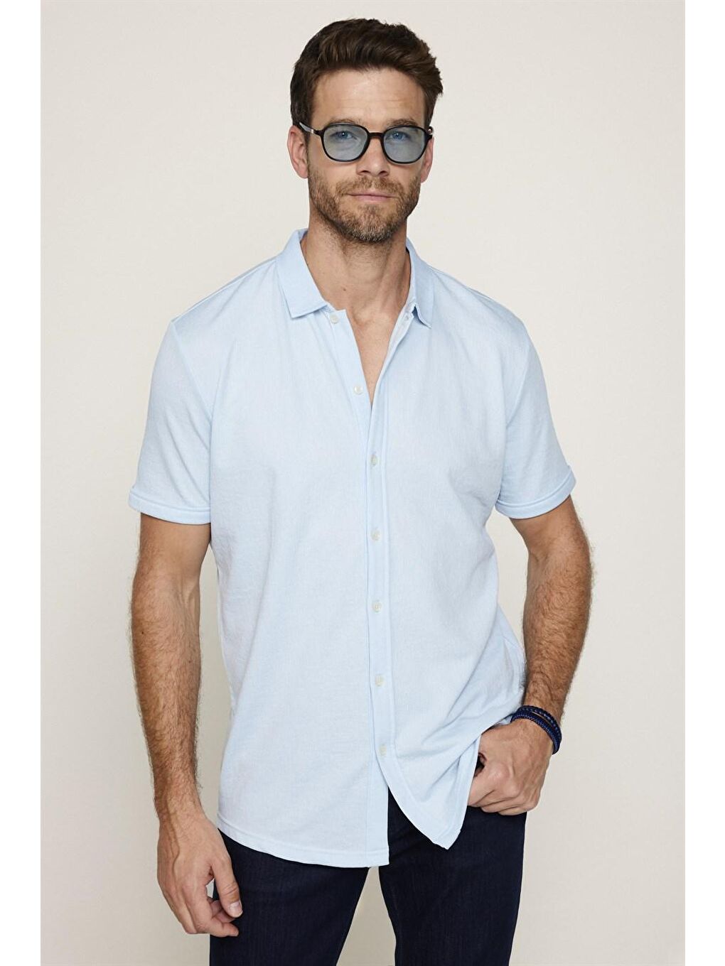 Erkek Slim Fit Kısa Kollu Desenli  Örme Turkuaz Gömlek