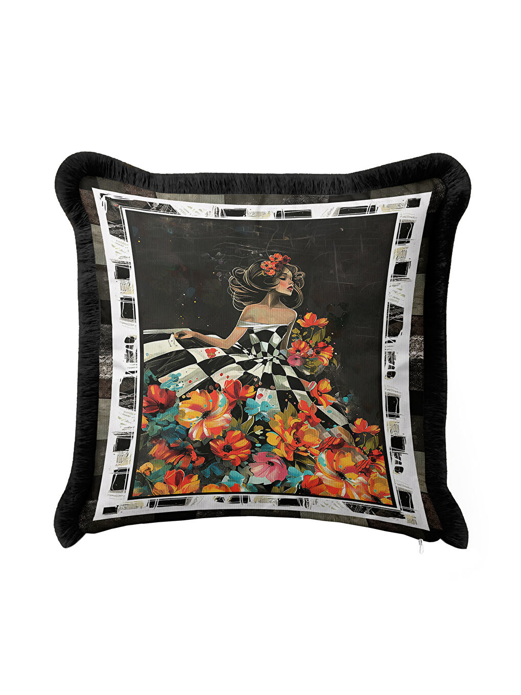 Karışık Sanatsal Figürlü Saçaklı Yastık Kılıfı - Çiçekli Bohem Siyah Altın Renkli Püsküllü Kırlent Kılıfı-1
