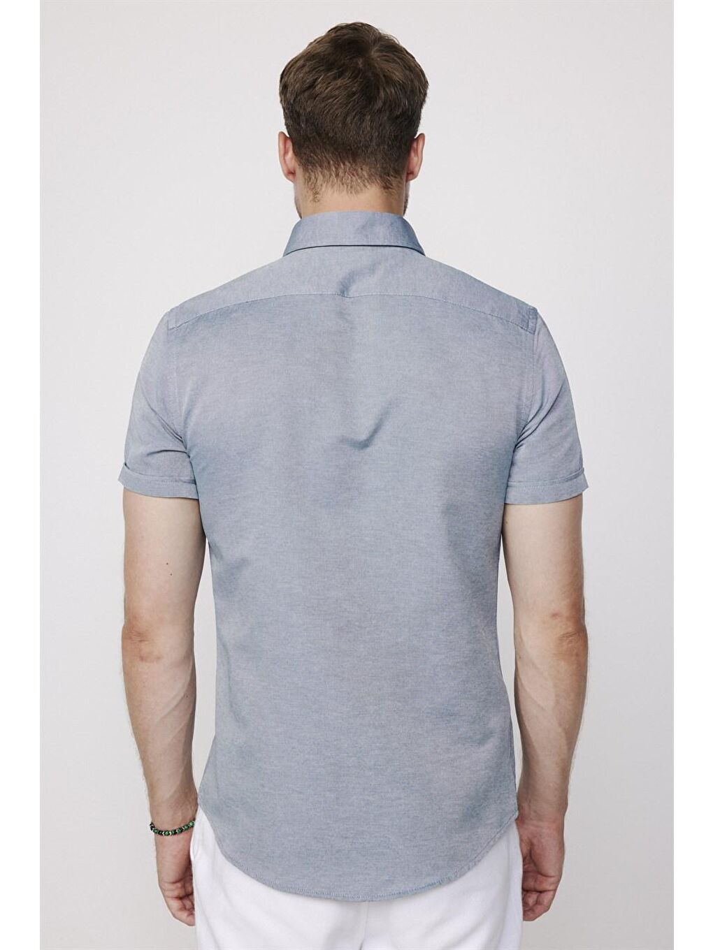 Erkek Slim Fit Dar Kesim Kısa Kollu Pamuklu Oxford Doku Kolay Ütülenebilir Yeşil Düğmeli Yaka Gömlek-4