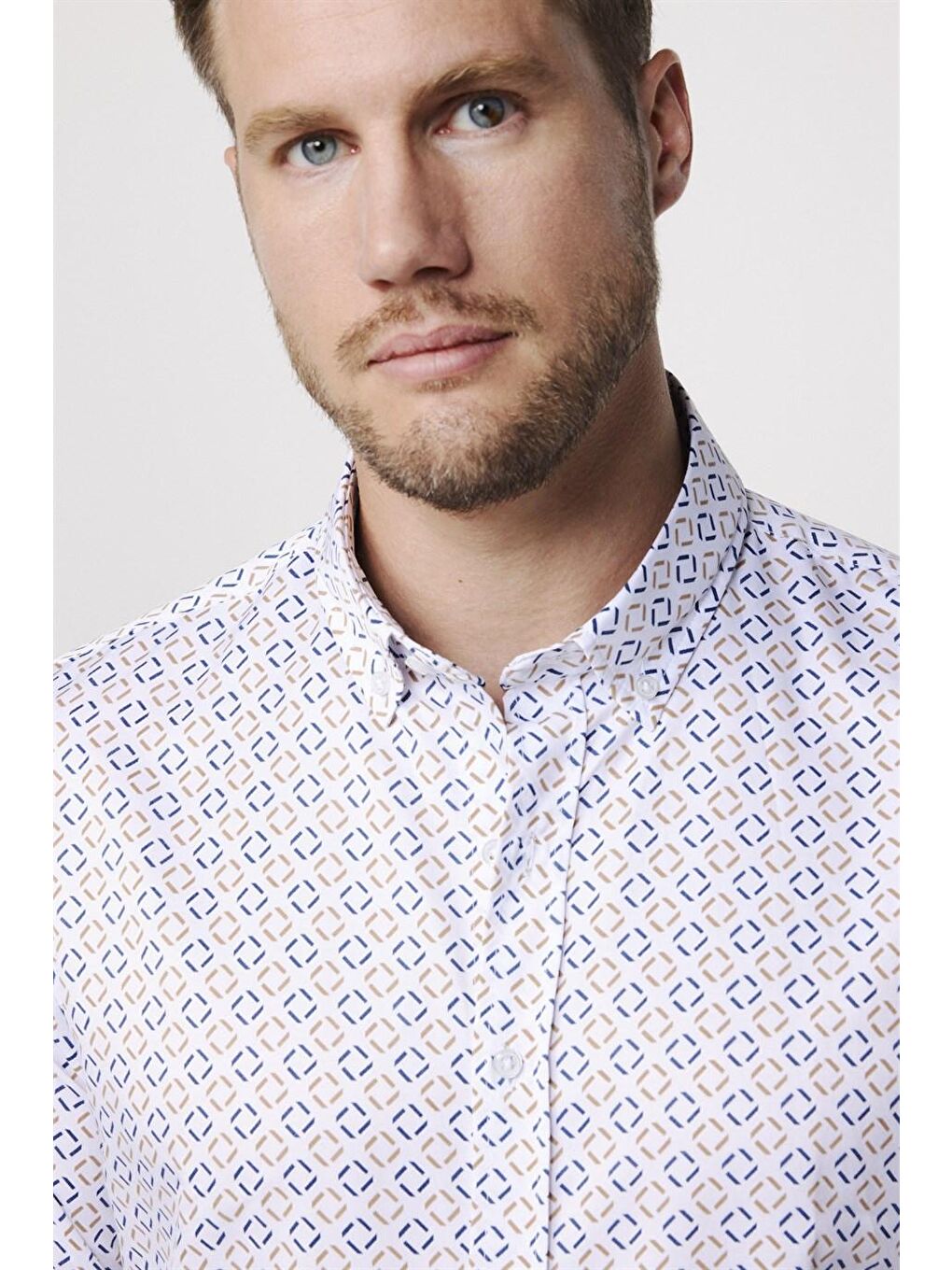 Slim Fit Uzun Kol Baskılı Yaka Biyeli Beyaz Gömlek-2